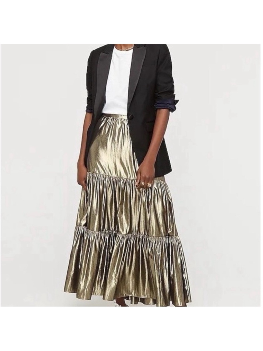 J. Crew Metallic Gold Tiered Maxi Long Skirt Perfect for Fall - Picture 3 of 9